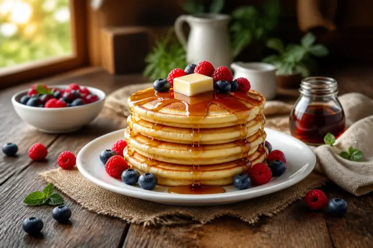 Delicieuses crepes dorees avec fruits et sirop