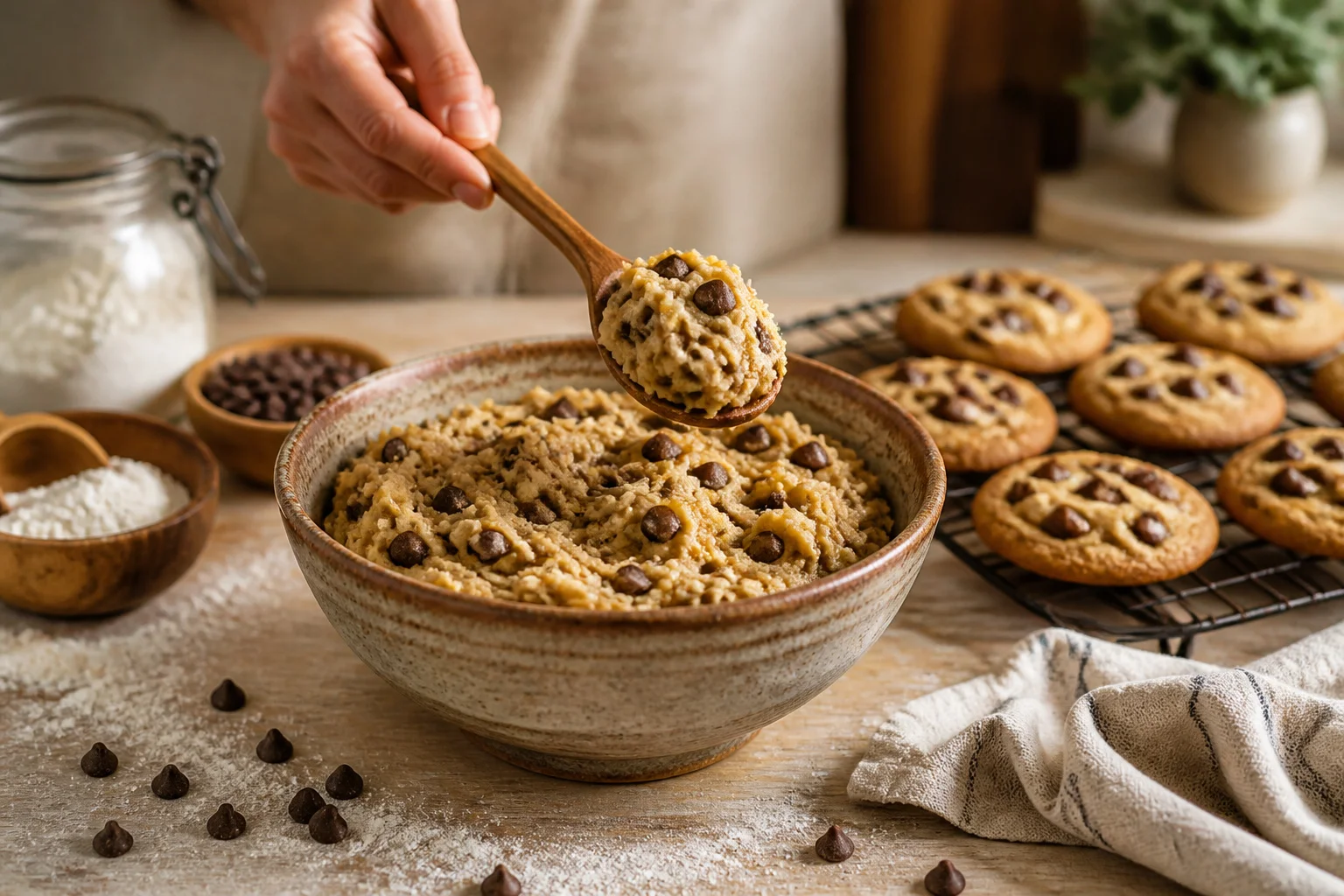 Pate a cookies maison et cookies fraichement cuits