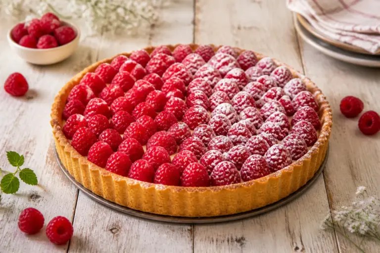 Tarte aux framboises fraichement cuite